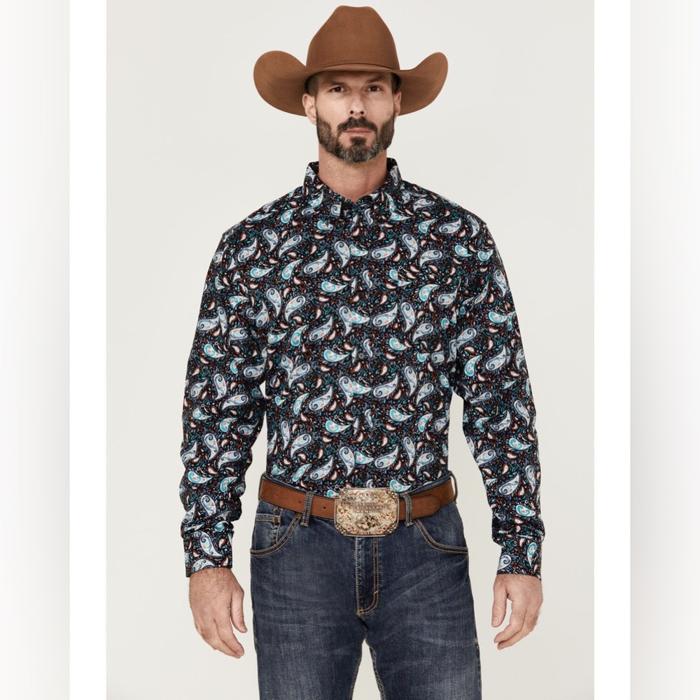RANK 45 MEN'S RODEO LARGE PAISLEY PRINT LONG SLEEVE BUTTON-DOWN WESTERN SHIRT